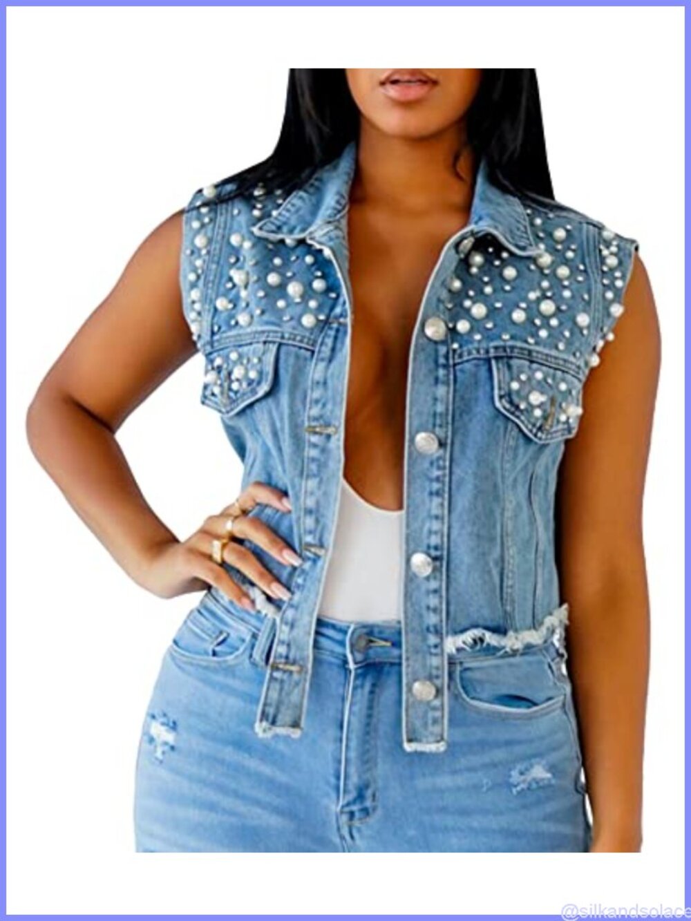 Womens Embroidered Pearl Denim Vest Sleeveless Button Up Cropped Jacket